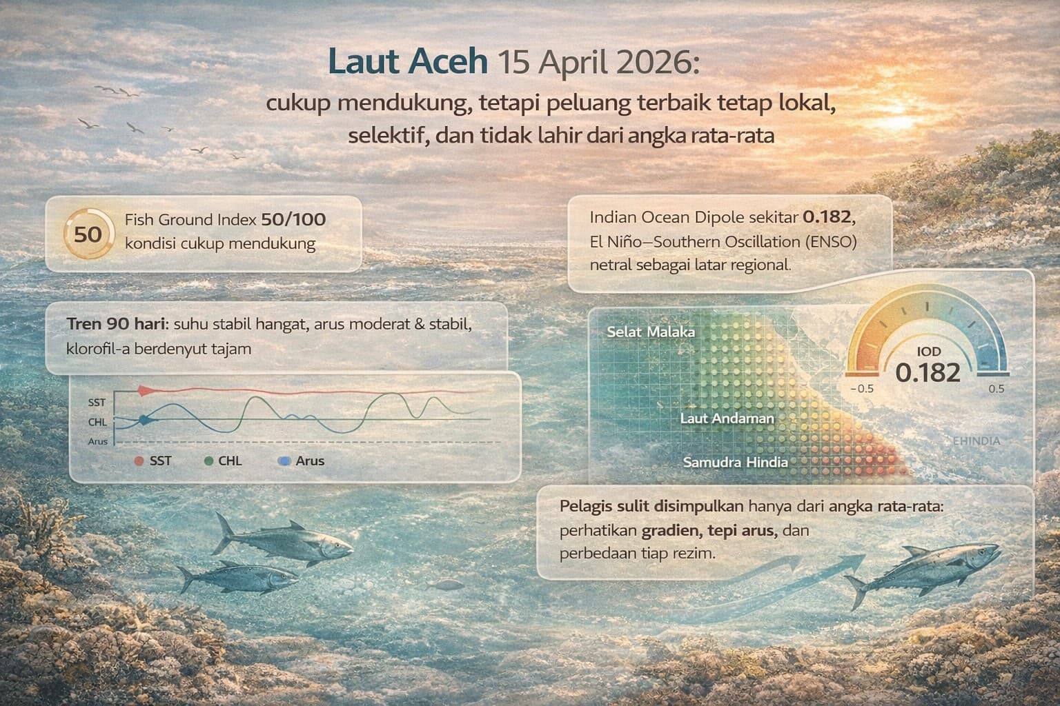 Laut Aceh 15 April 2026: cukup mendukung, tetapi peluang terbaik tetap lokal, selektif, dan tidak lahir dari angka rata-rata