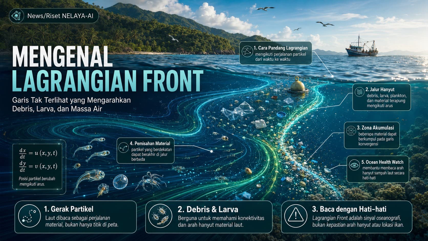 Mengenal Lagrangian Front: Garis Tak Terlihat yang Mengarahkan Debris, Larva, dan Massa Air