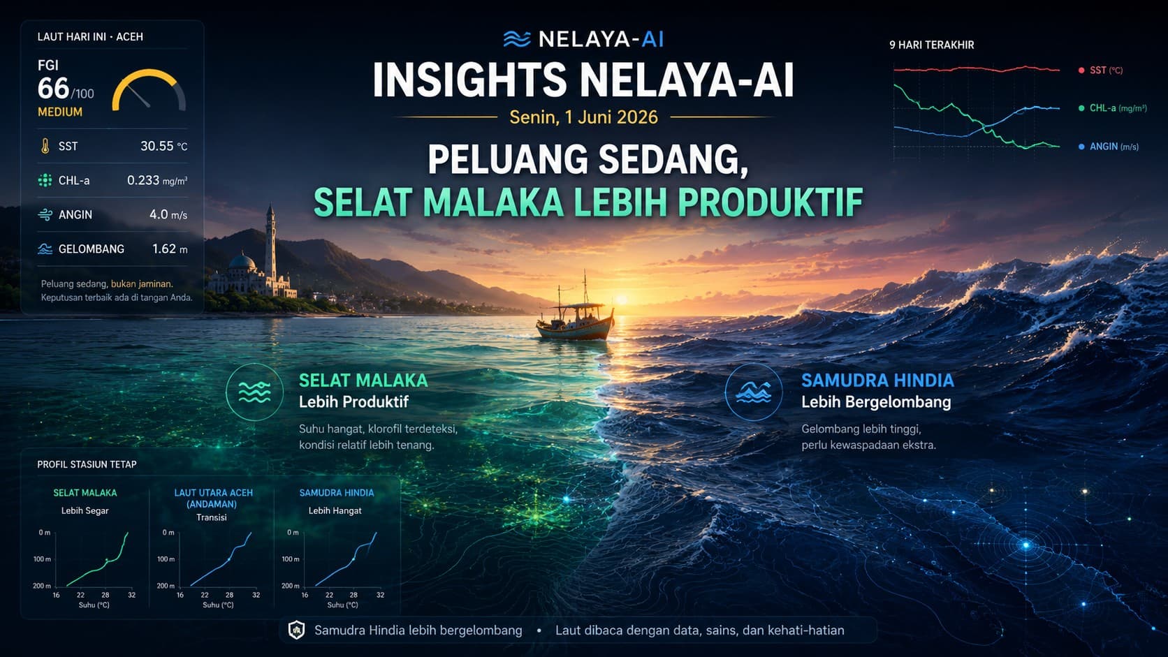 Senin, Peluang Sedang: Selat Malaka Lebih Produktif, Samudra Hindia Lebih Bergelombang