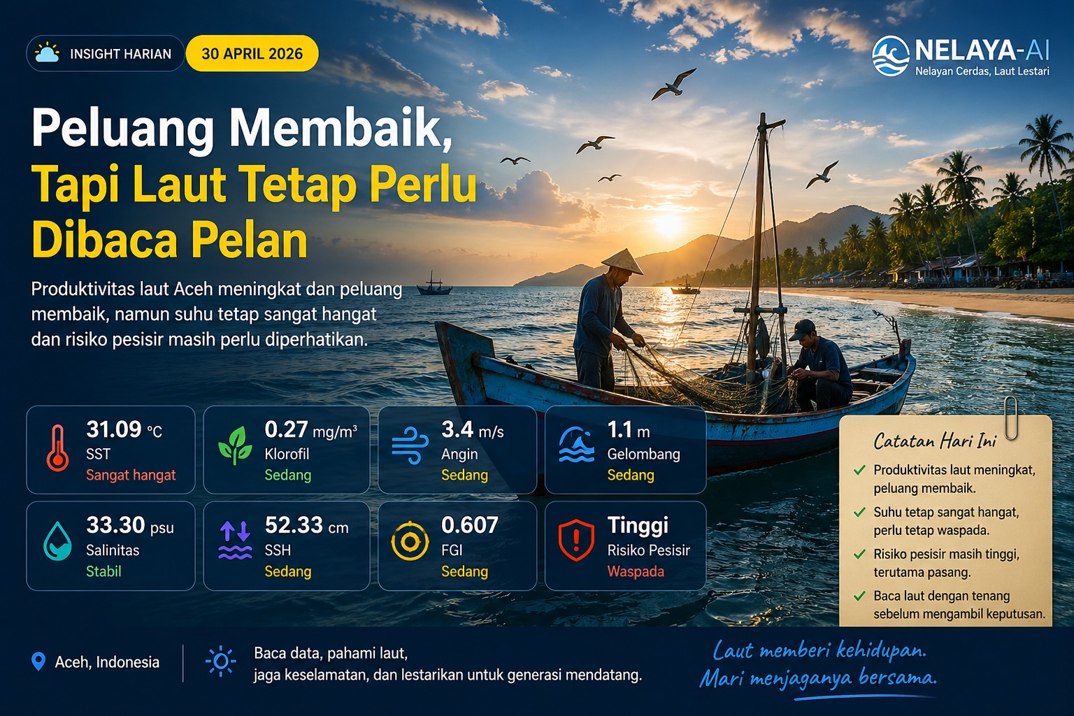 Hari ini laut terasa hangat, peluang mulai naik , namun pesisir masih mengingatkan kita untuk tetap cermat