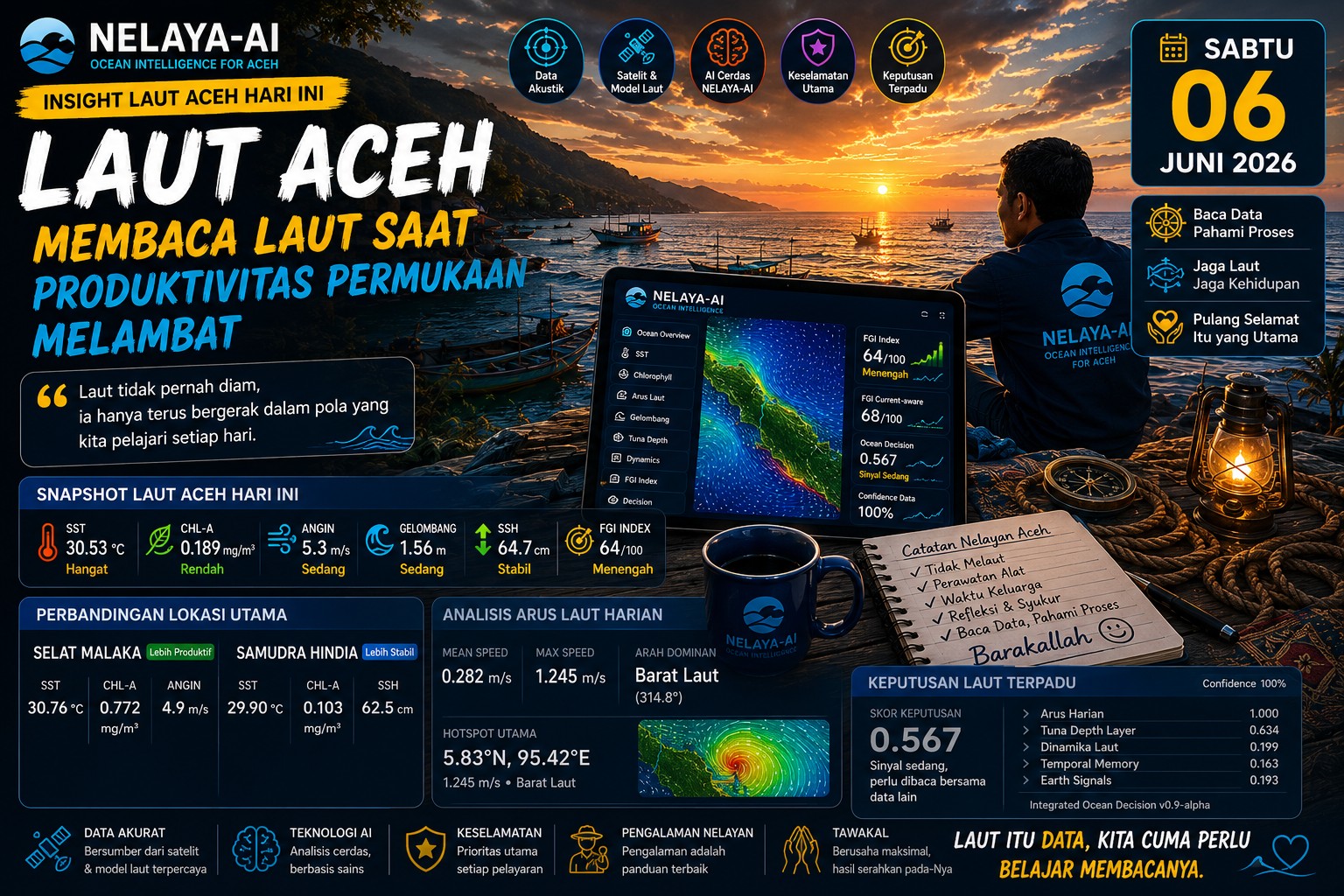 Sabtu, Laut Aceh Masih Bergerak Meski Produktivitas Permukaan Melambat
